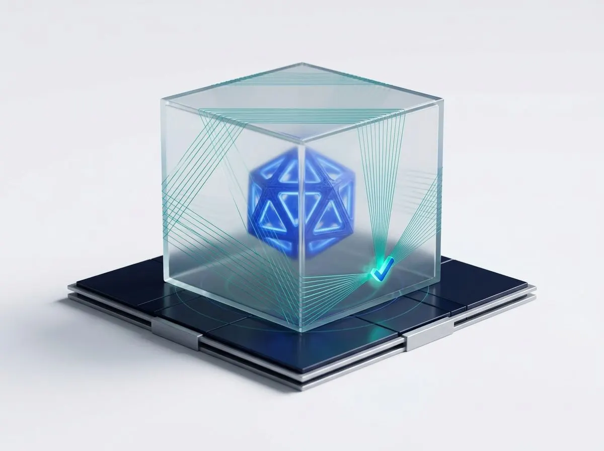 A glass vault cube with verification traces converging on a checkmark node