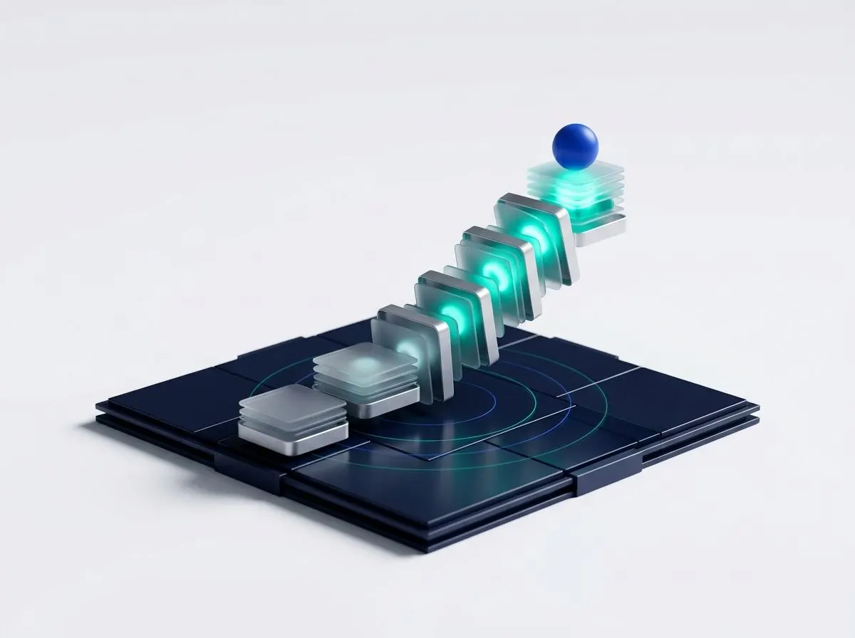 A cascade of game tiles lighting up toward a winning cobalt sphere