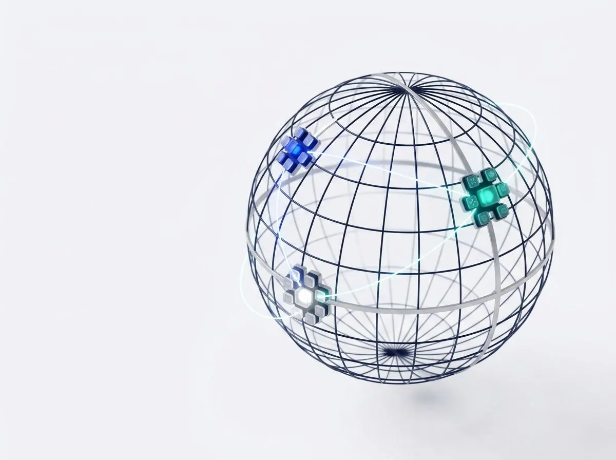 Three market clusters connected across a wireframe globe