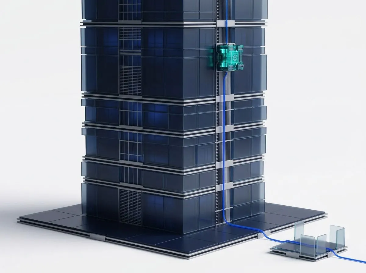 A small teal module attached to a large authority tower, linked to its own separate foundation